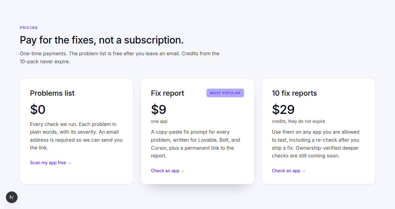 Pricing: free problem list, $9 fix report, $29 for 10