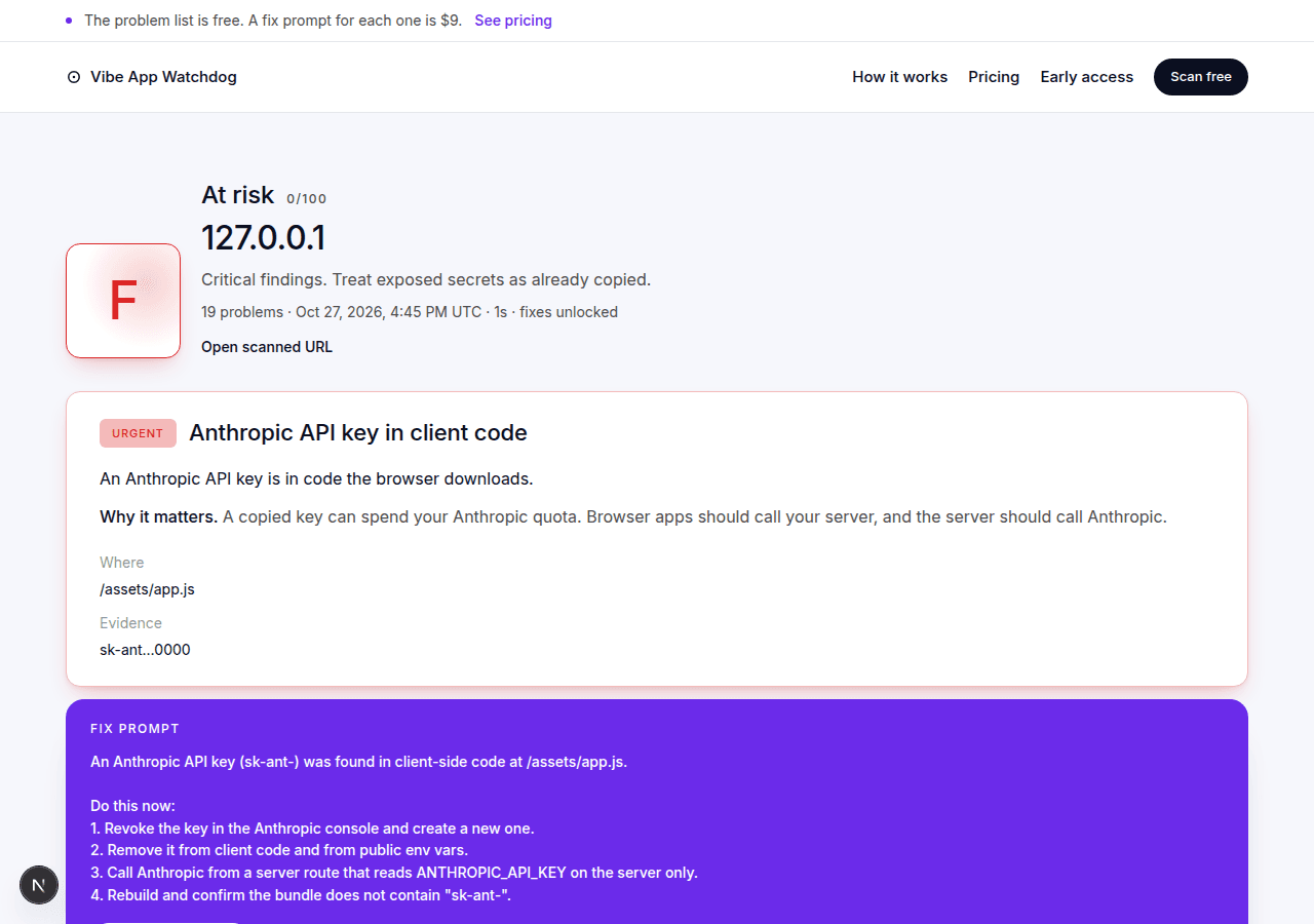 A scan report with a fix prompt unlocked